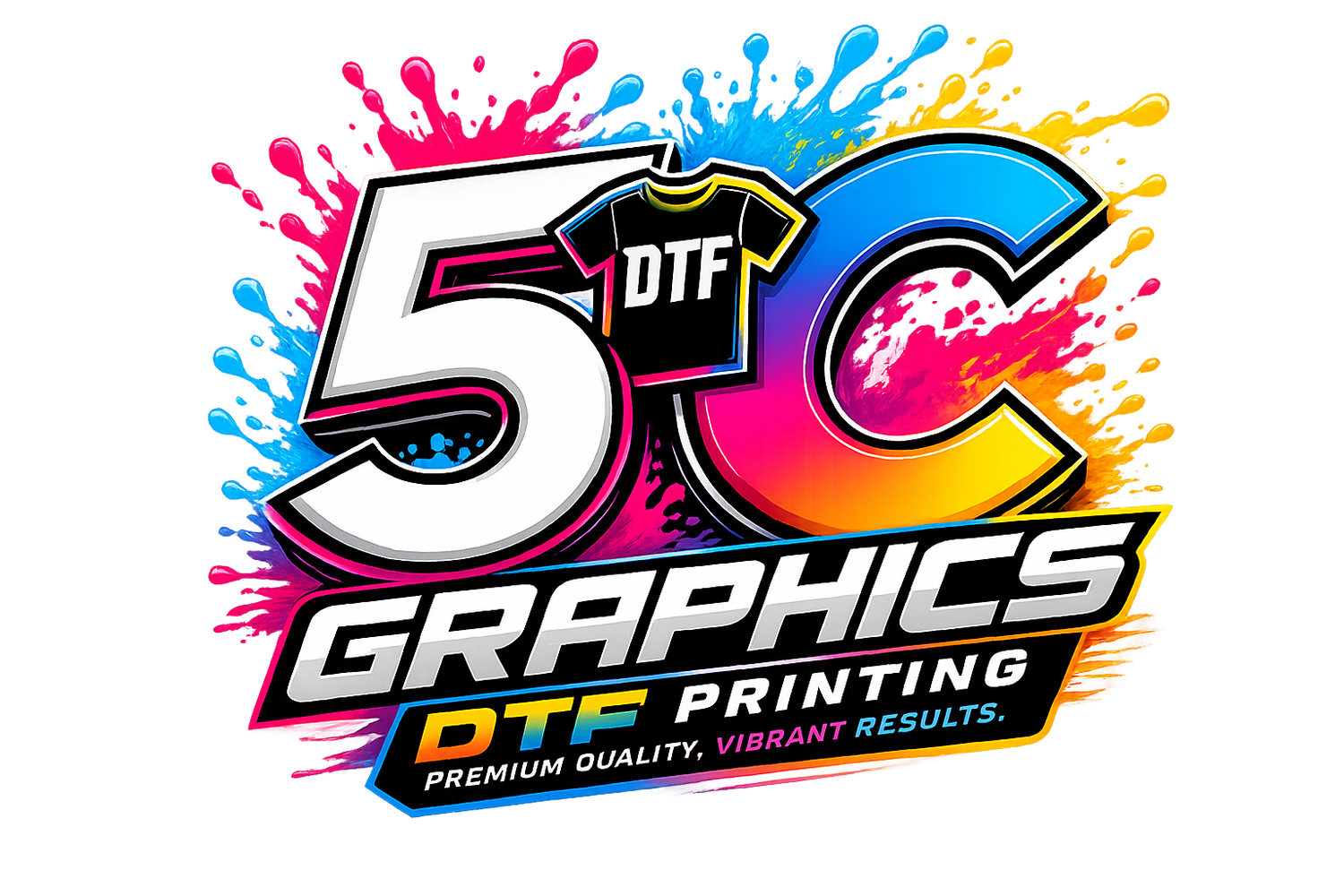 A colorful digital logo for '5C Graphics DTF Printing' featuring a vibrant paint splatter background and a stylized t-shirt graphic on the number 5.
